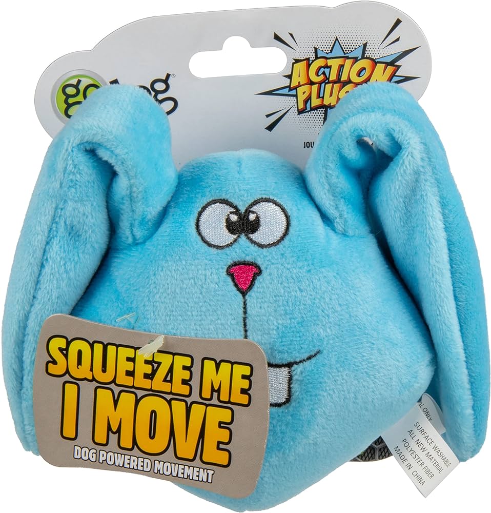 GoDog Action Plush Blue Bunny with Chew Guard Technology Animated Squeaker Dog Toy