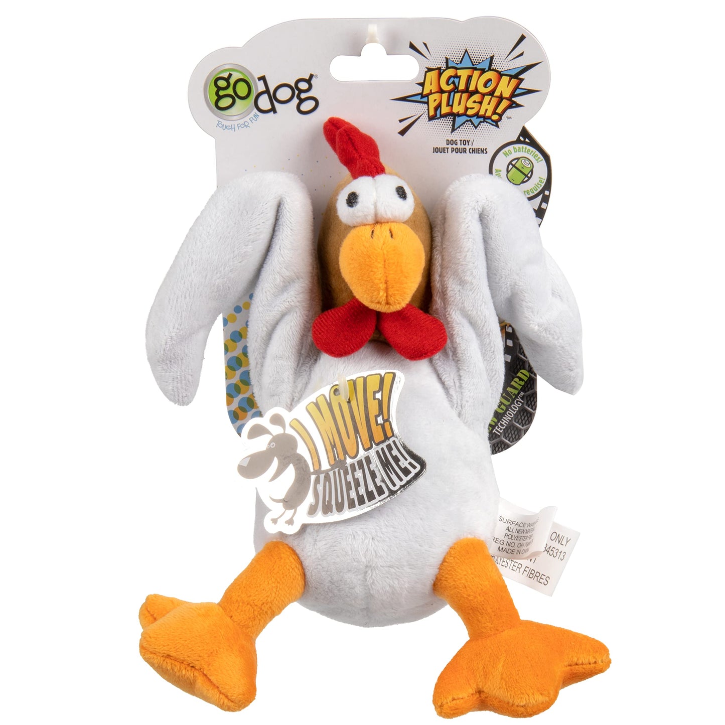 GoDog Action Plush White Chicken with Chew Guard Technology Animated Squeaker Dog Toy