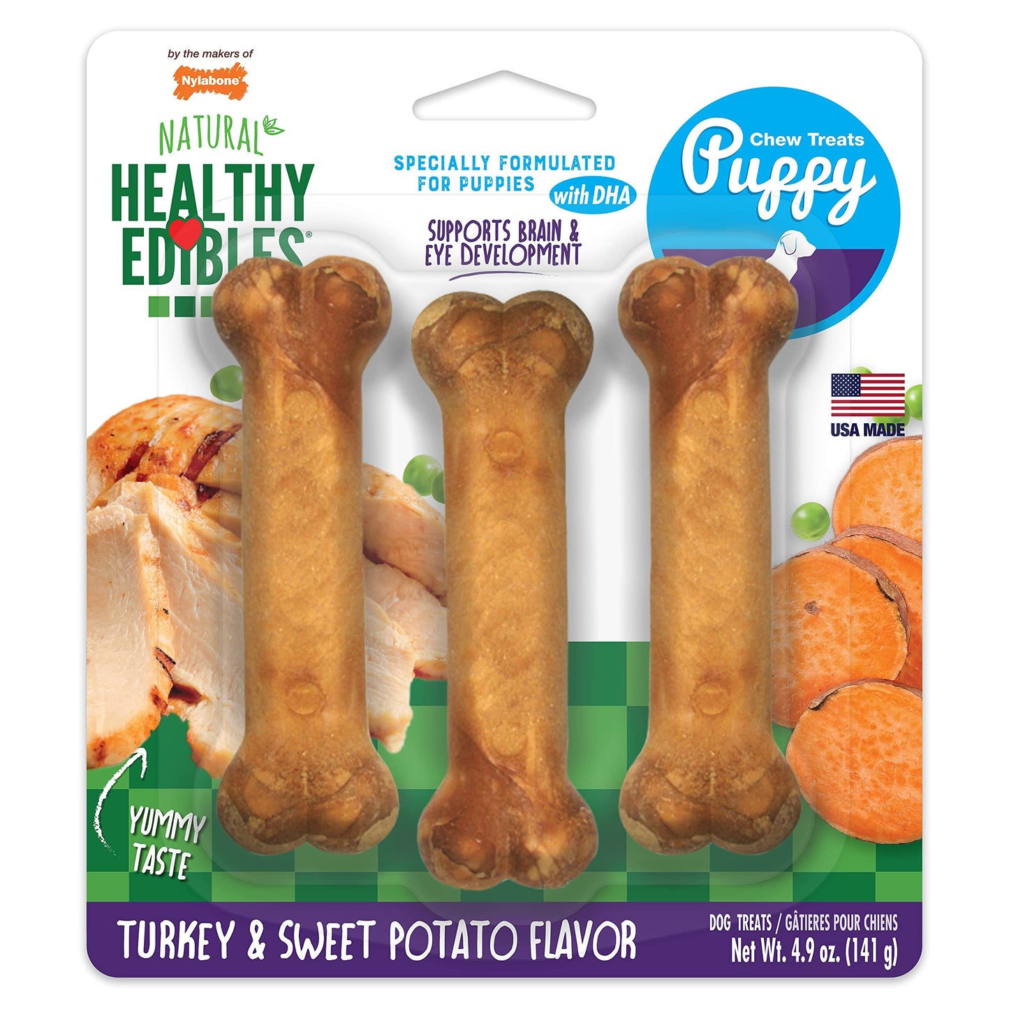 Nylabone Healthy Edibles Canine Chew Bone Turkey and Sweet Potato Puppy 3 PK