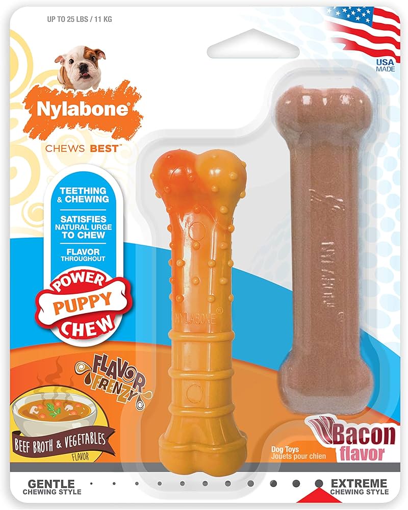 NYLABONE PUPPY Power Chew Puppy Beef Broth & Veggies / Bacon - Regular 2pk