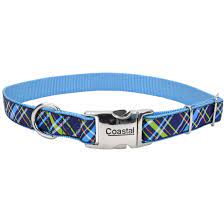 COASTAL Ribbon Adj Nyln Cllr W Mtl Bckl Navy Blue Plaid Dog  5/8x 8-12in