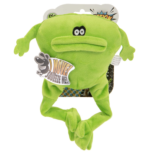 GoDog Action Plush Green Frog with Chew Guard Technology Animated Squeaker Dog Toy