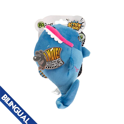 GoDog Action Plush Blue Shark with Chew Guard Technology Animated Squeaker Dog Toy