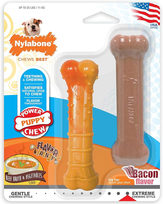 NYLABONE PUPPY Power Chew Puppy Beef Broth & Veggies / Bacon - Regular 2pk
