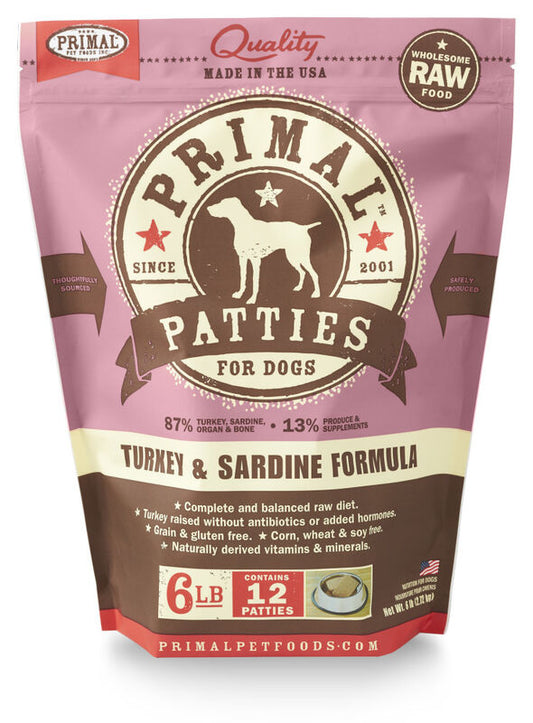 PRIMAL Frozen Patties 6lb - Turkey & Sardine